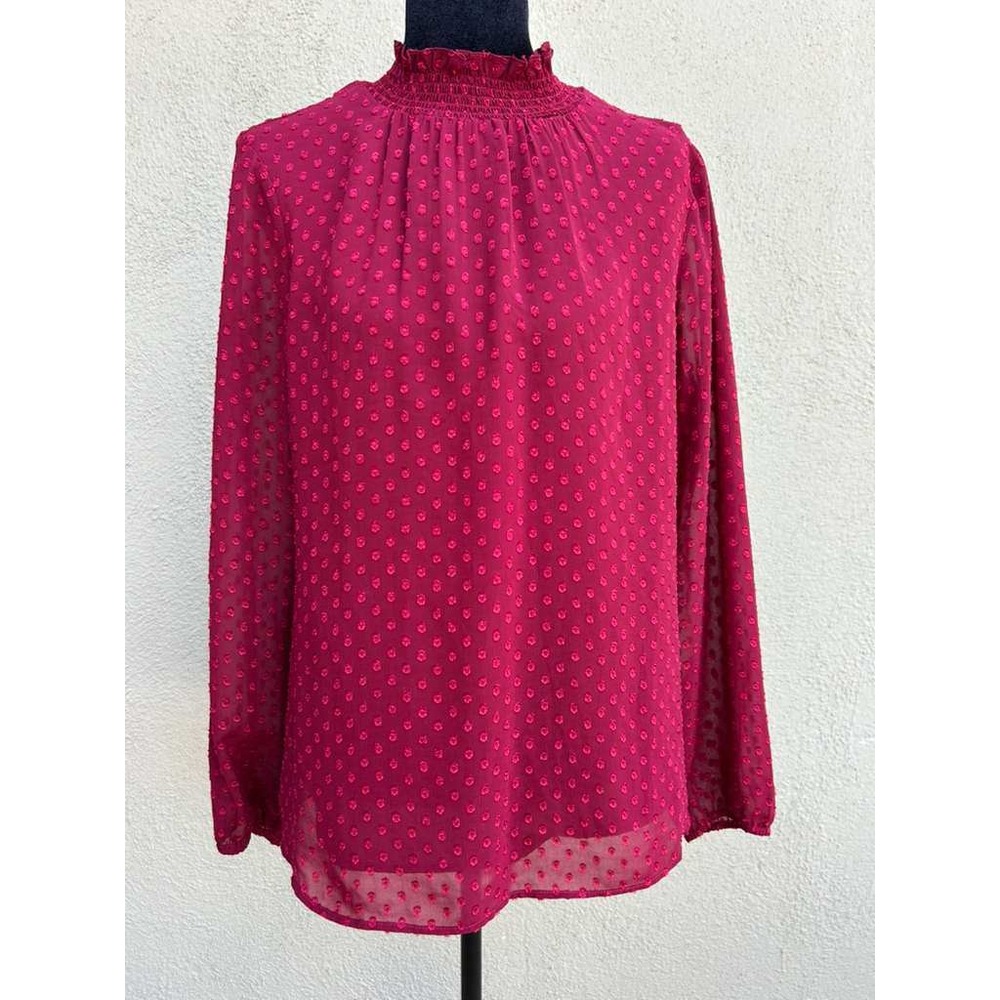Black Rainn Women Berry Pink Clip Dot Smocked Mock Neck Long Sleeve Blouse Small